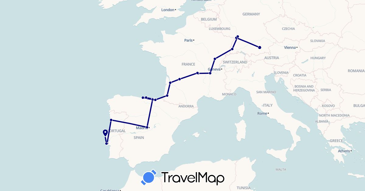 TravelMap itinerary: driving in Germany, Spain, France, Portugal (Europe)